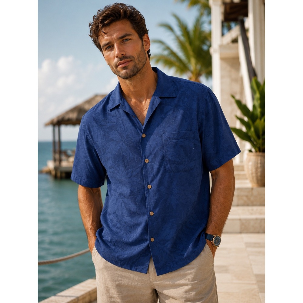 Caribbean Shirt Tropical Palm Jacquard Blue Size 2XB Short Sleeve Button Up